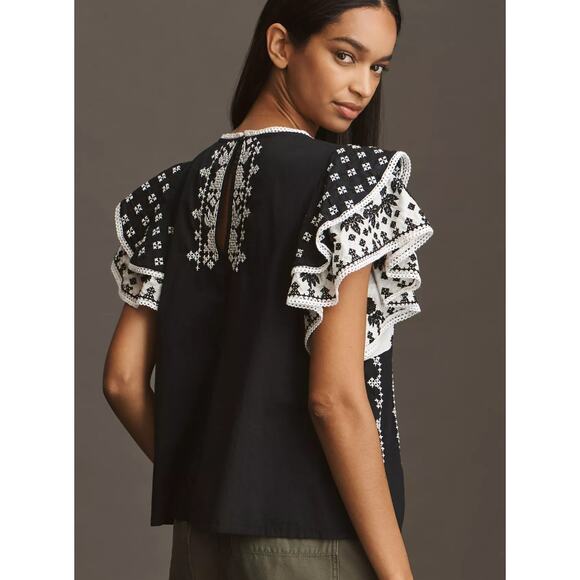 NEW Farm Rio x Anthropologie Printed Flutter-Sleeve Top - Picture 4 of 7